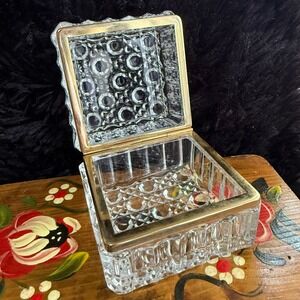Vintage French cut Crystal Casket Jewelry trinket Box Gilt brass Hinged square